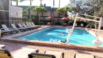 Kolam renang outdoor, dengan payung kolam renang dan kursi berjemur