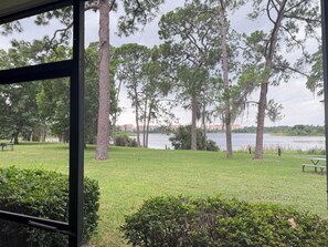 A view of a park with a lake, benches, and trees. - Lifetime of Vacations Resort (Kissimmee)