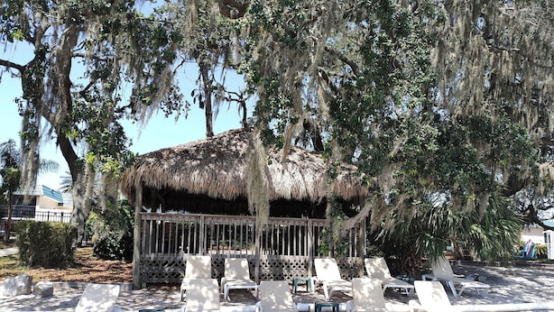 A thatched-roof gazebo with a wooden fence, surrounded by white lounge chairs on a sandy area. - Lifetime of Vacations Resort (Kissimmee)