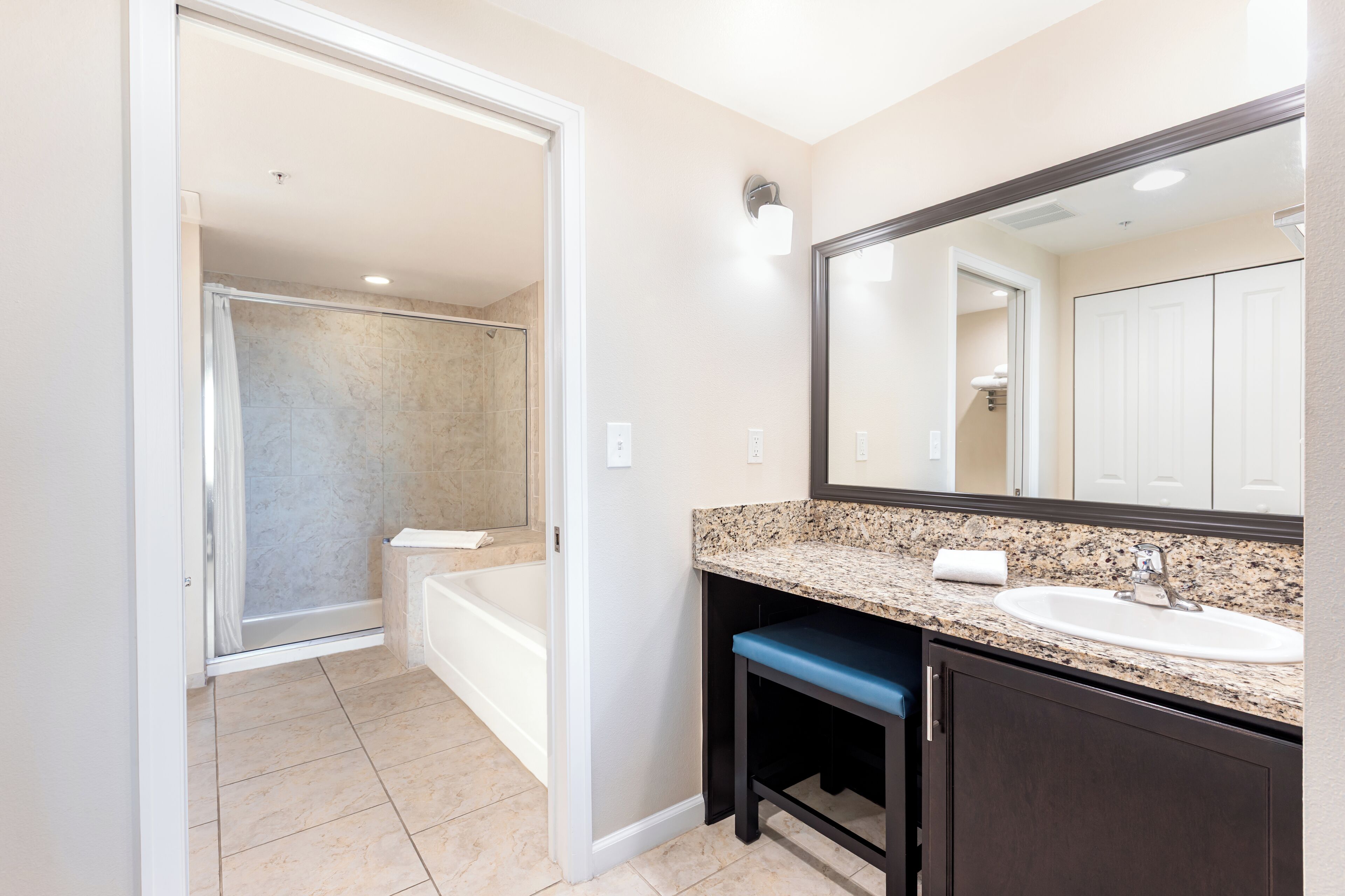 A modern bathroom with a shower, bathtub, and a large mirror.
