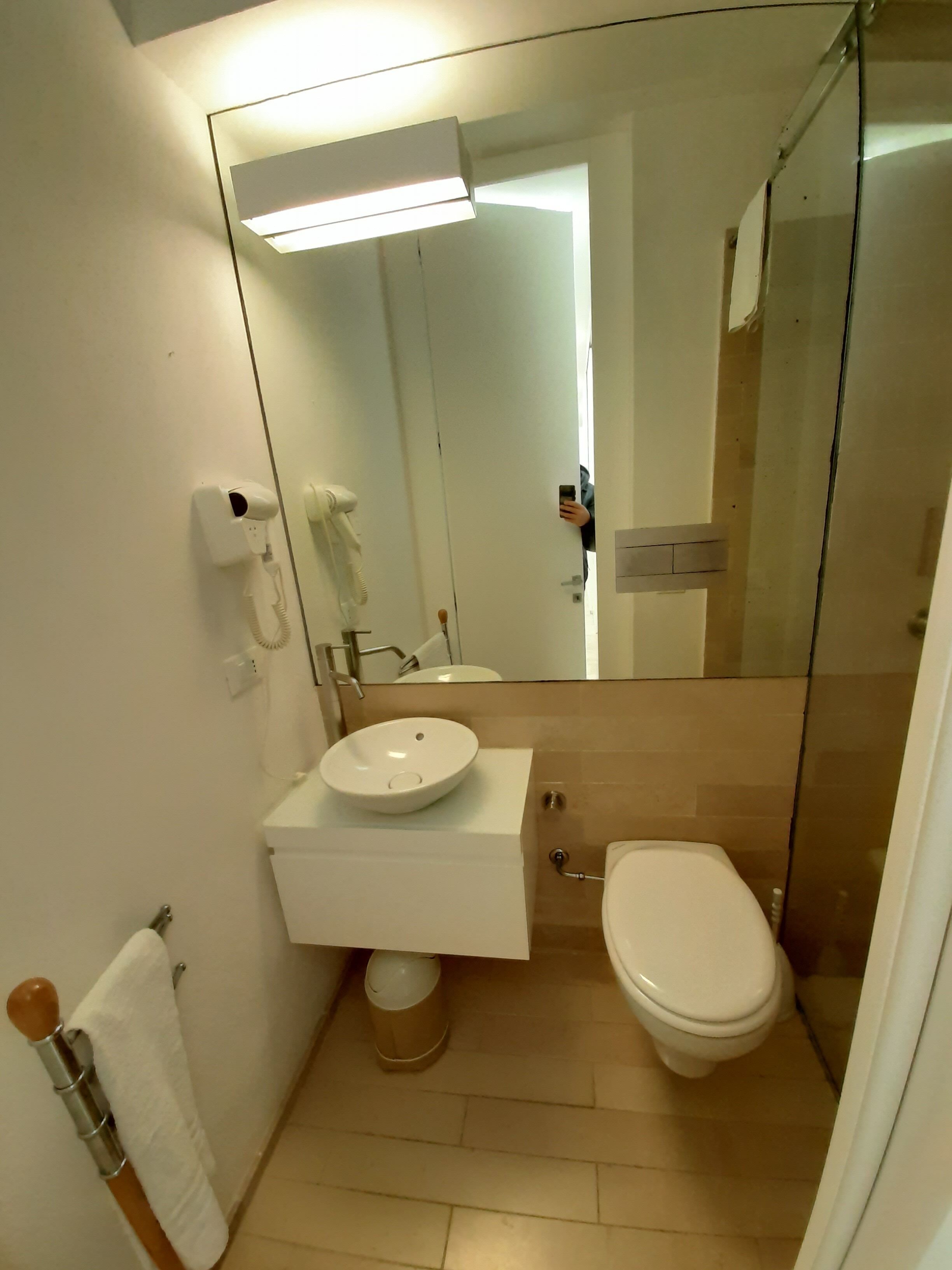 Ein kleines Badezimmer mit weißem Waschbecken, Toilette und einer Duschkabine aus Glas.