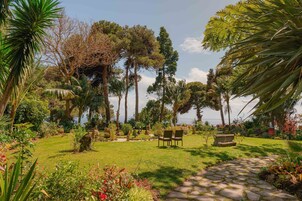 Un exuberante jardín con un sendero de piedra, bancos y una variedad de árboles y plantas.