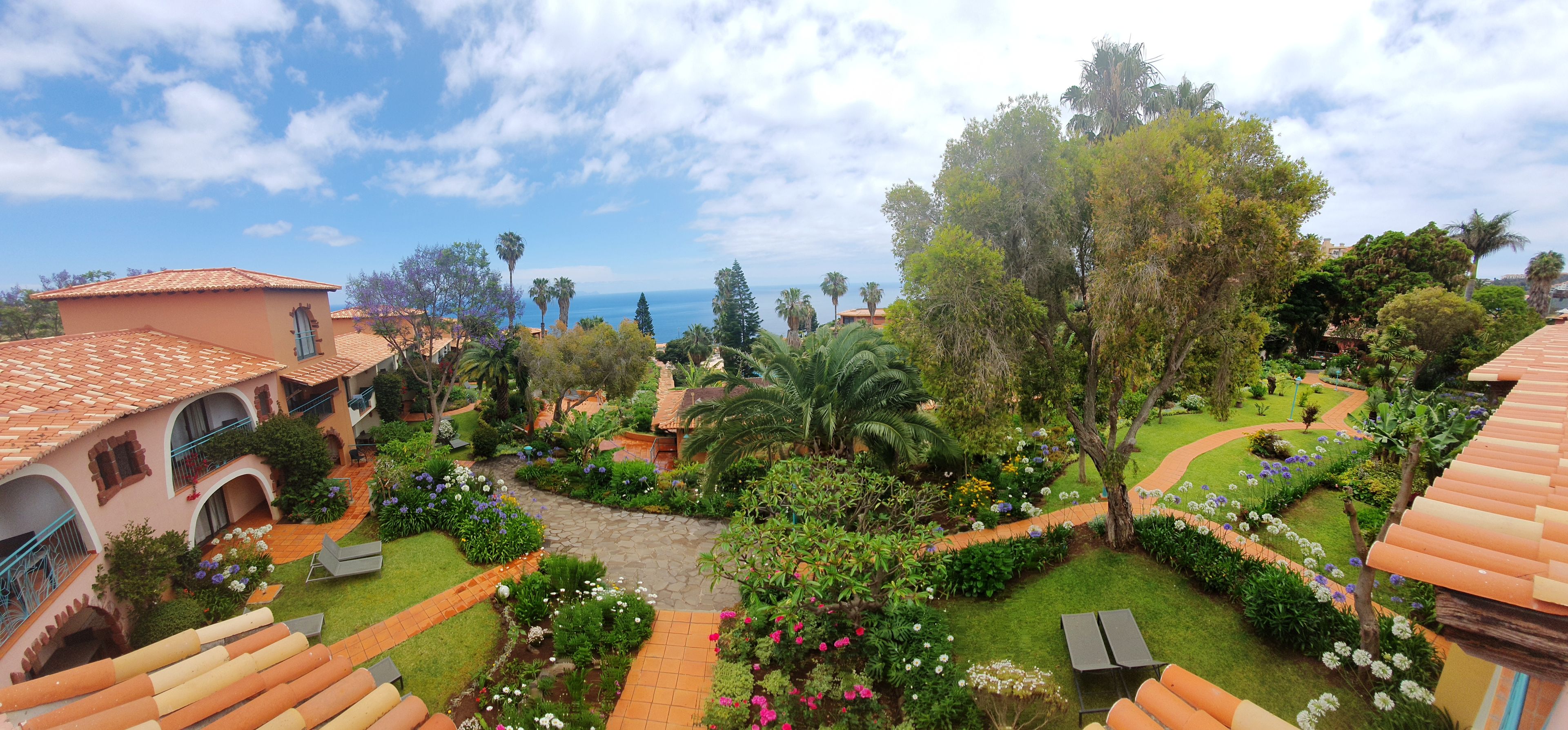 A courtyard with a paved walkway, surrounded by lush greenery and palm trees, leading to a building with a tiled roof.