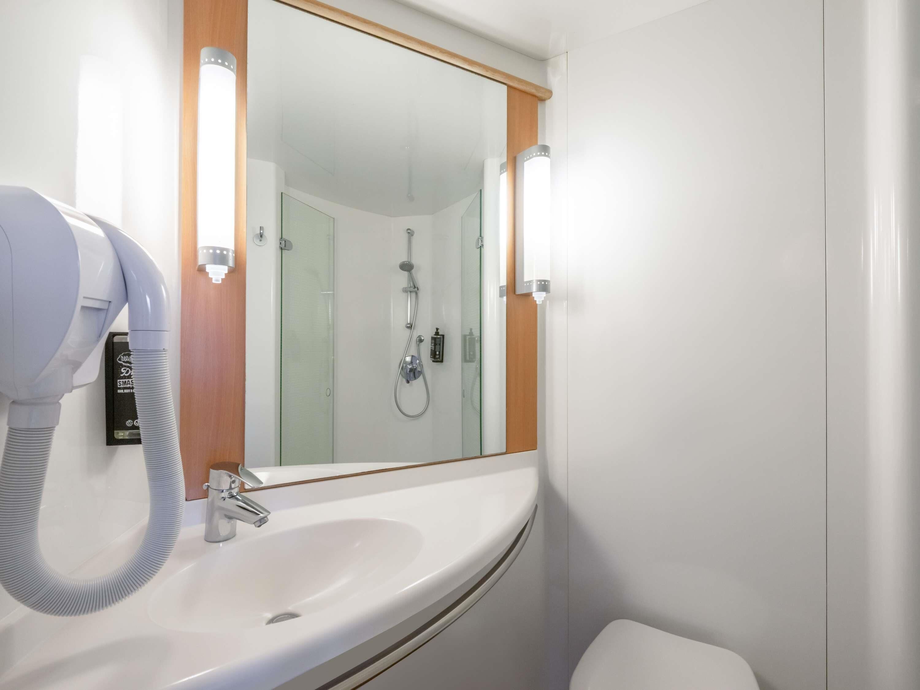 A bathroom with a white sink, a mirror, a handheld showerhead, and a hairdryer.