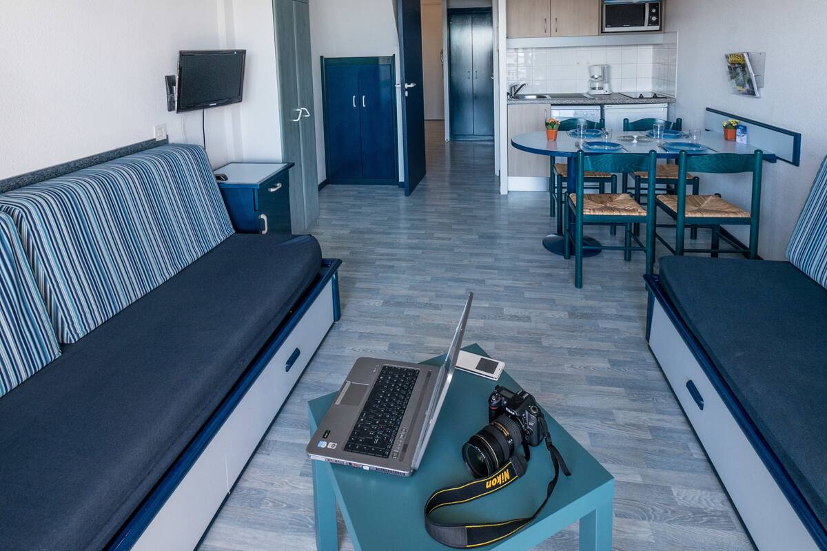 A compact living space with a kitchenette, a dining area, and a sofa.