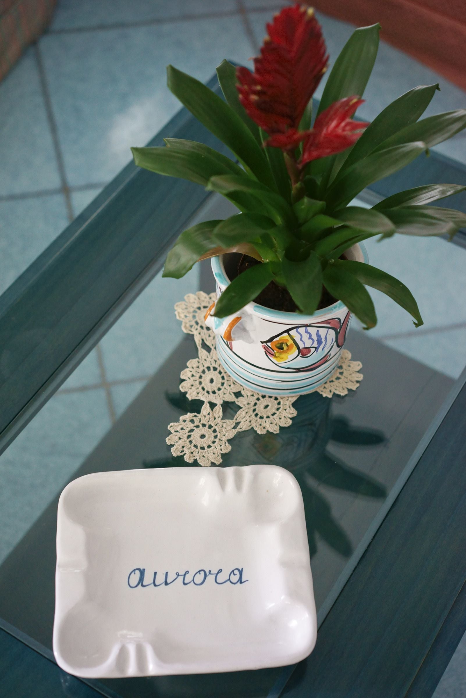 Una planta en maceta con un recipiente decorativo sobre una mesa de vidrio.