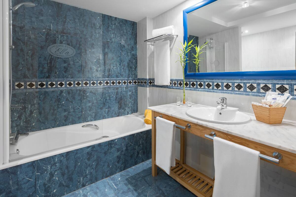 combined shower/bathtub, free toiletries, hair dryer, towels