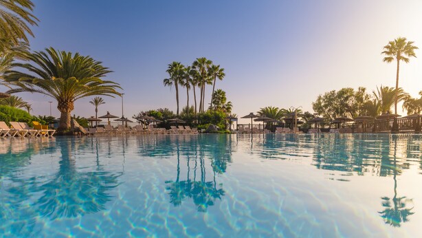 Une piscine aux eaux cristallines où se reflètent les palmiers et les chaises longues.