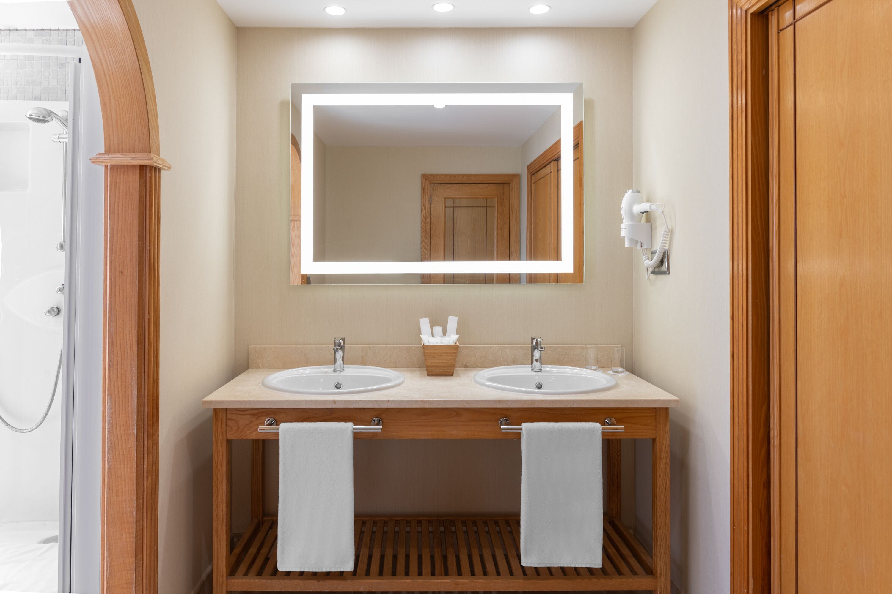 combined shower/bathtub, free toiletries, hair dryer, towels