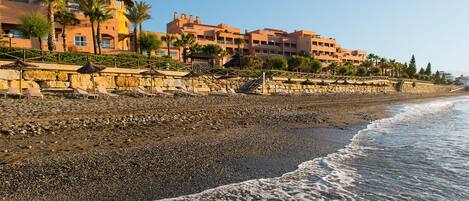 A beachfront hotel with multiple balconies, palm trees, and a stone walkway leading to the beach.