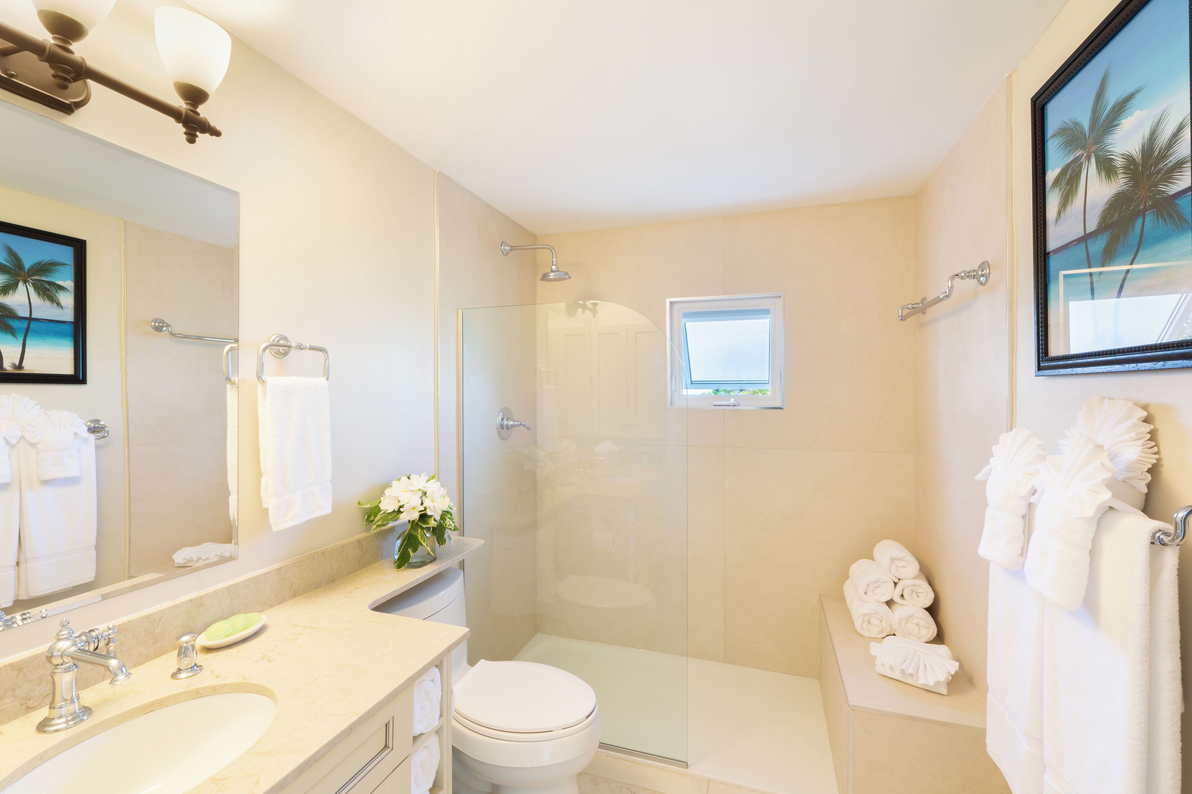 combined shower/bathtub, free toiletries, hair dryer, towels