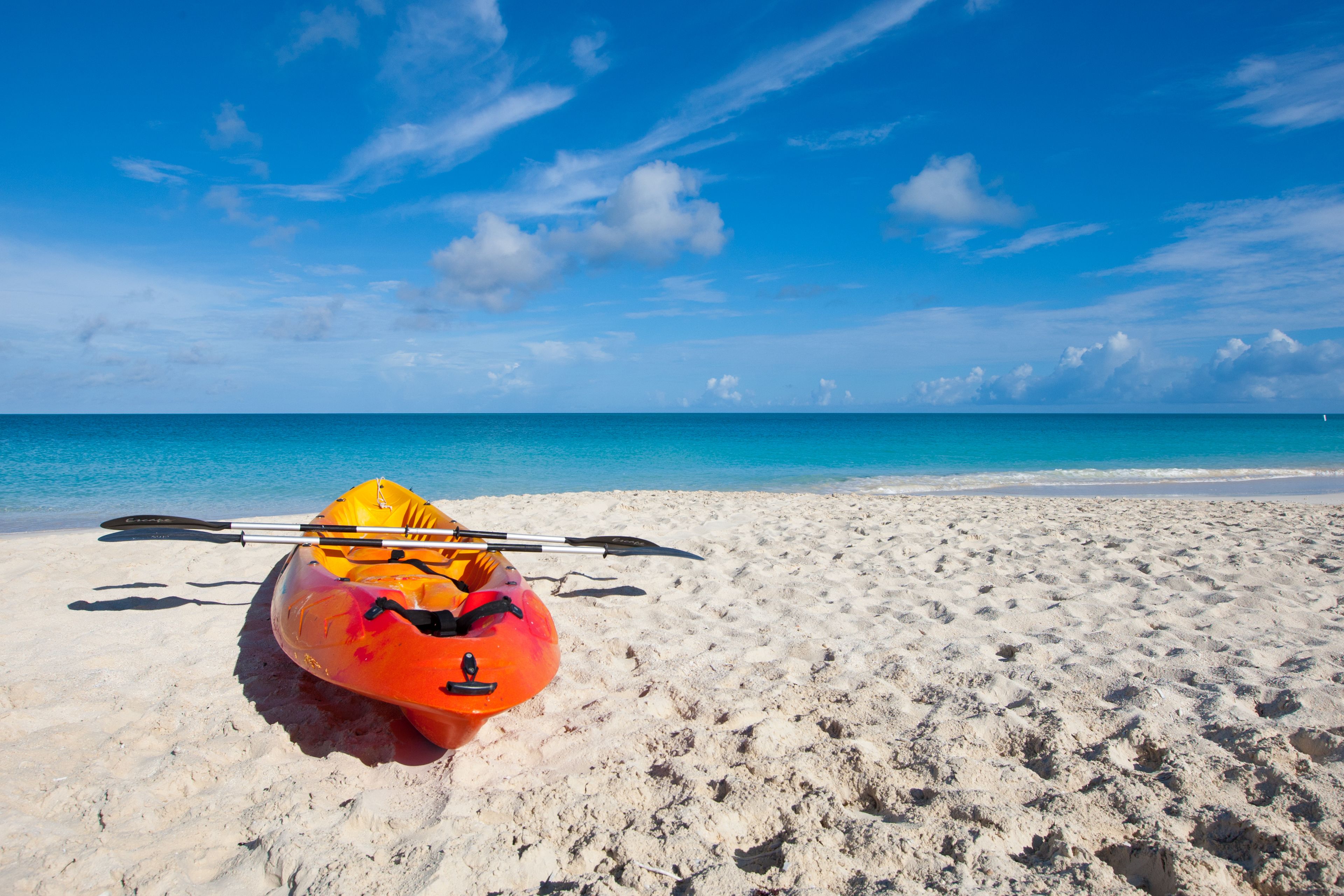 Una kayak con un remo sobre una playa arenosa, con agua y cielo azul cristalino.