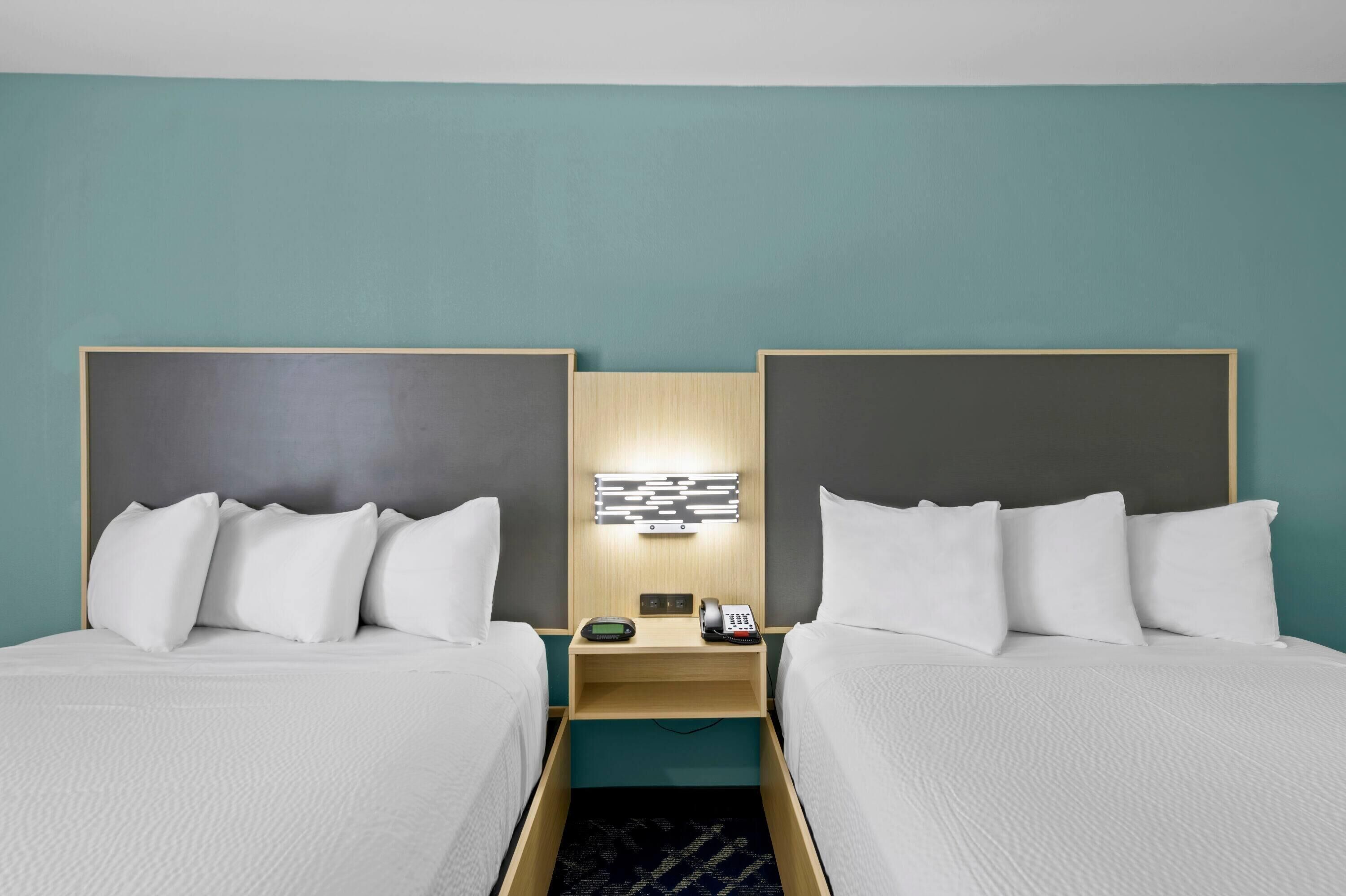 premium bedding, down duvets, desk, blackout curtains