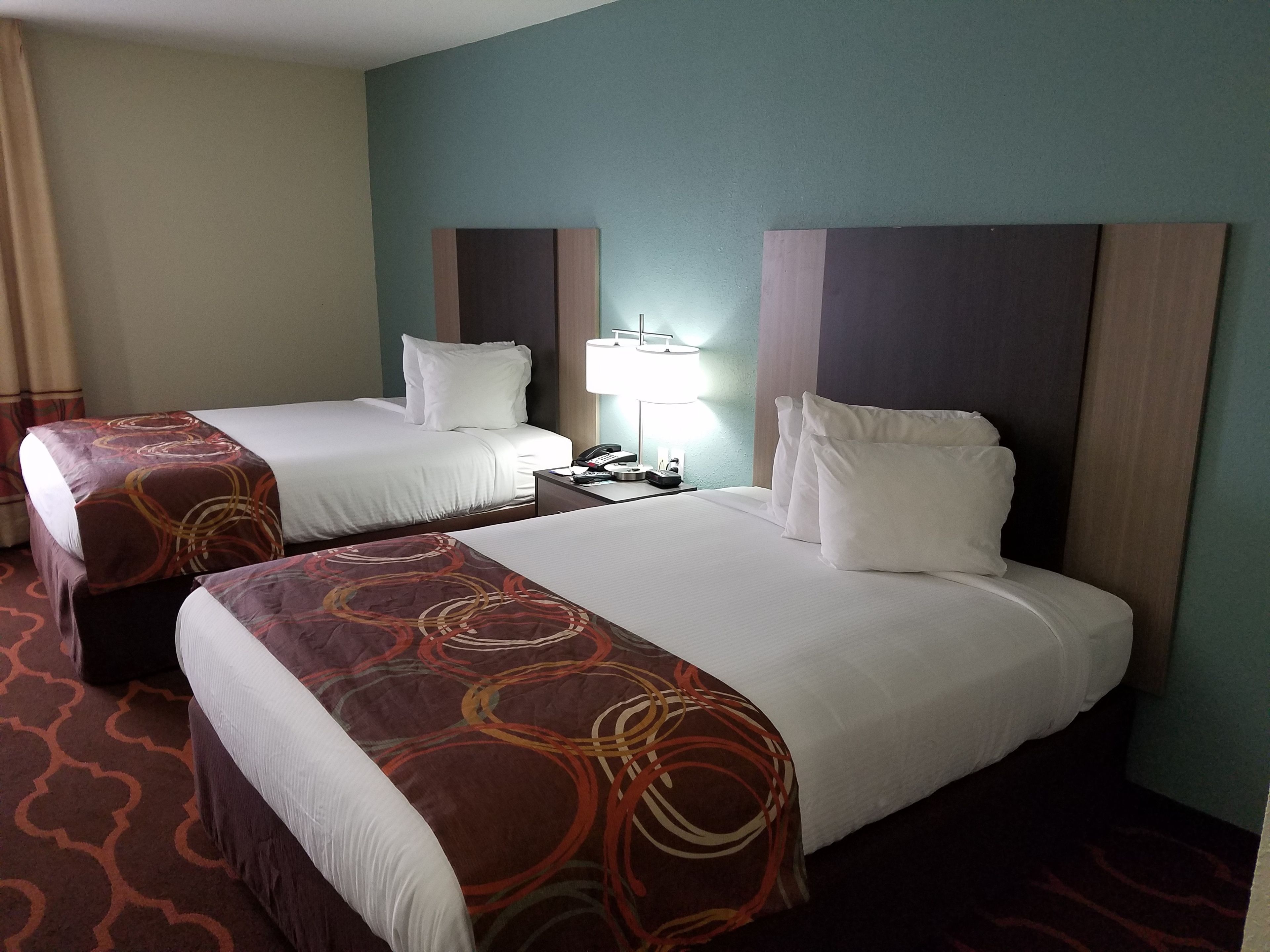 A hotel room with two beds, a nightstand with a lamp, and a patterned carpet.