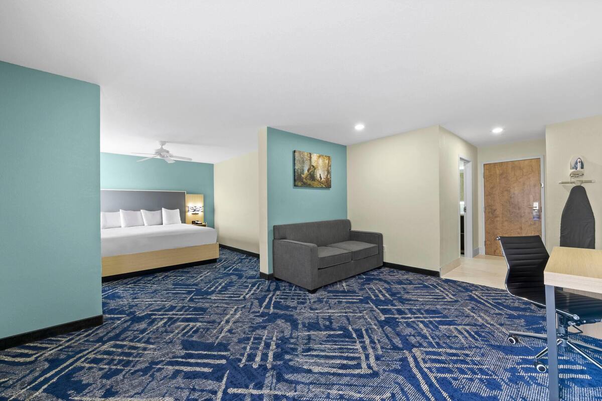 A hotel room with a bed, a gray sofa, a desk with a chair, and a painting on the wall.