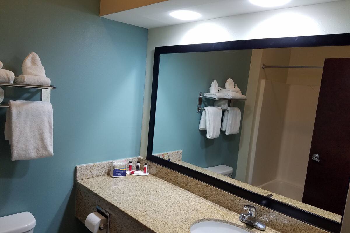 free toiletries, hair dryer, towels