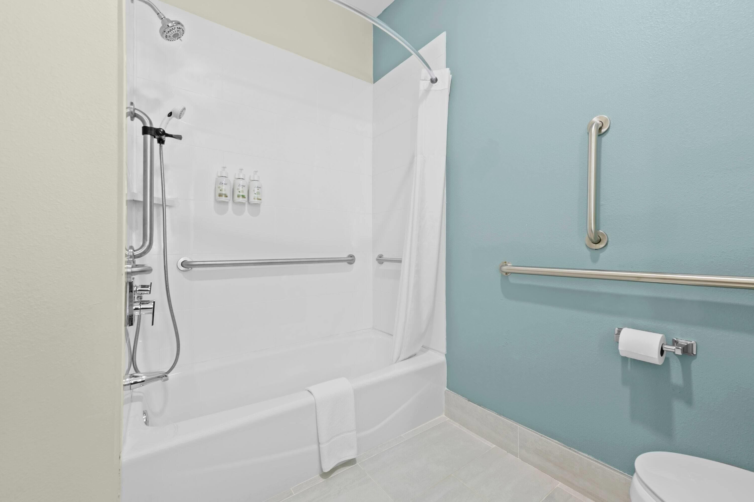 Ein Badezimmer mit Badewanne, Dusche und Toilette.