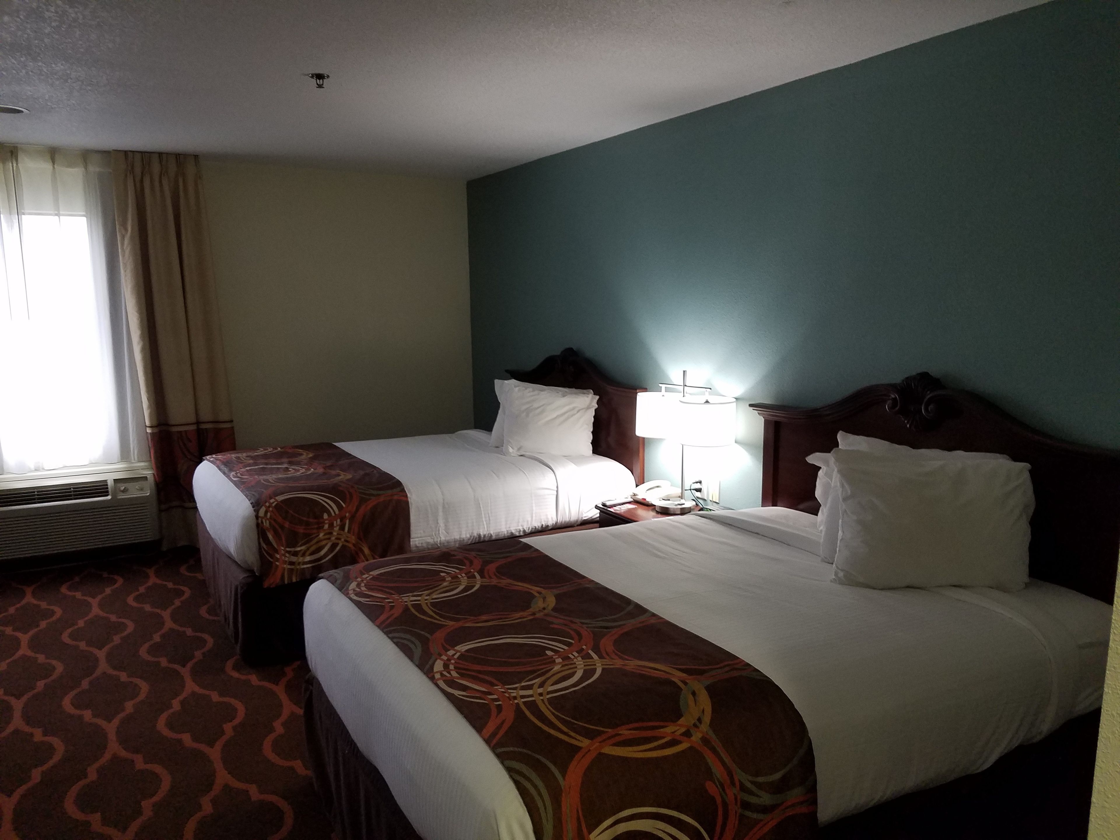 A hotel room with two beds, a bedside table with a lamp, a window with curtains, and a patterned carpet.