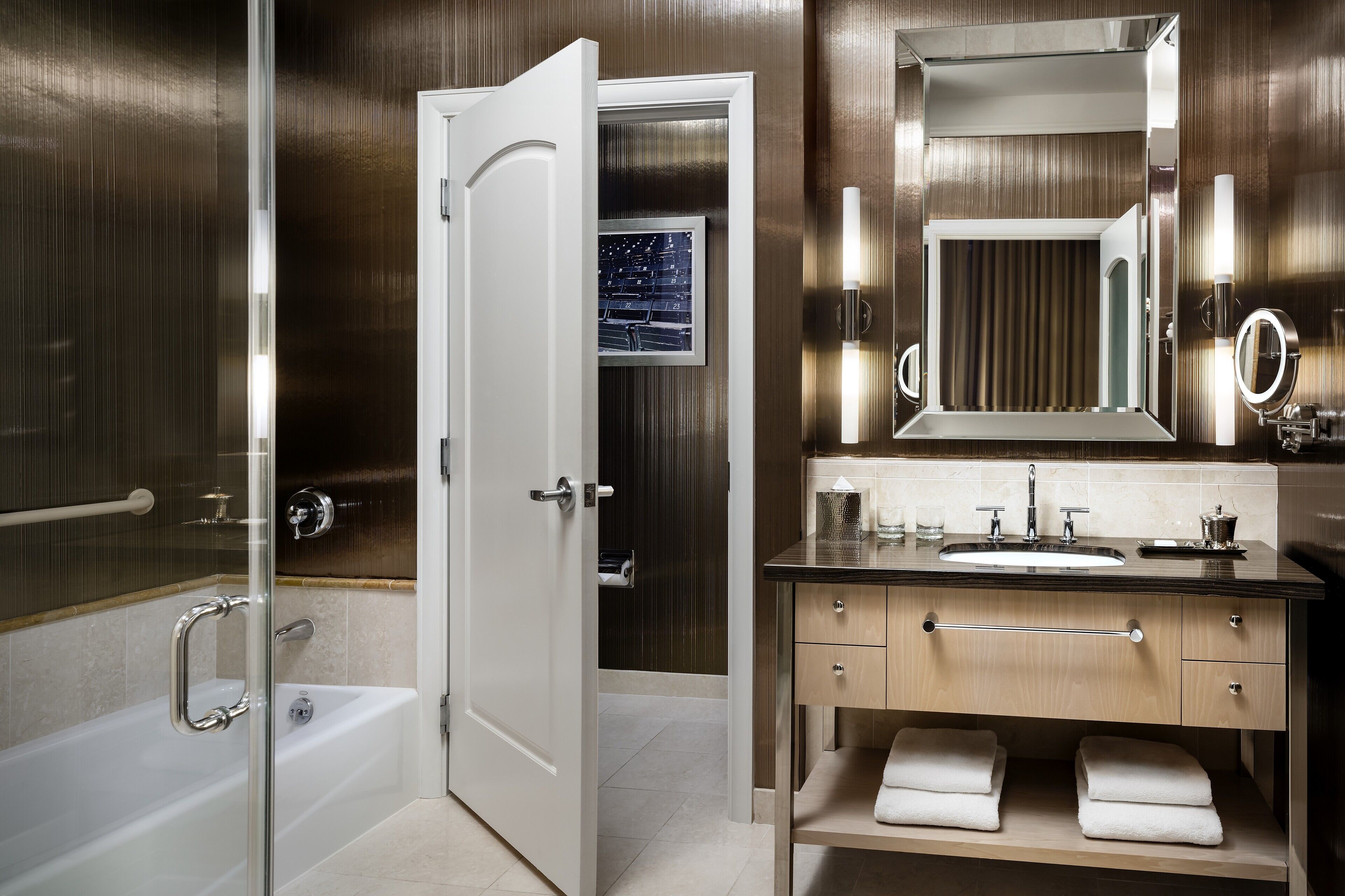 shower, designer toiletries, hair dryer, bathrobes