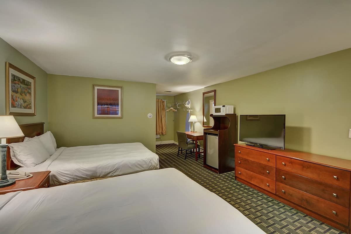 Quarto de hotel com duas camas, uma escrivaninha com cadeira, televisão, cómoda e micro-ondas.