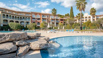 Seasonal outdoor pool, pool umbrellas, pool loungers