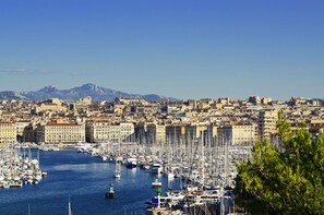 Un port de plaisance rempli de nombreux bateaux, entouré d’un quartier urbain densément peuplé, avec des bâtiments historiques et une montagne en arrière-plan.