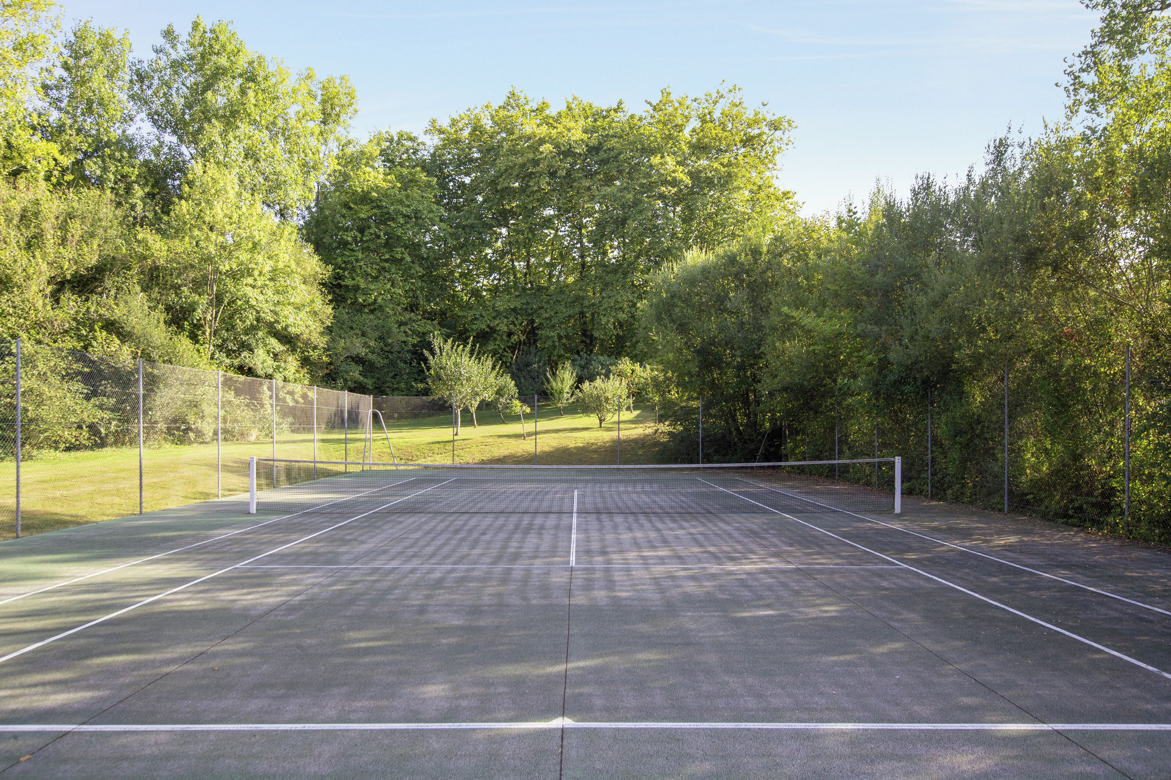 Pistes de tennis amb xarxa, envoltades per arbres i una tanca.
