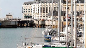 En lysthavn med flere både i havnen, en stor bygning med mange etager i baggrunden, og en bro, der fører til kajen.