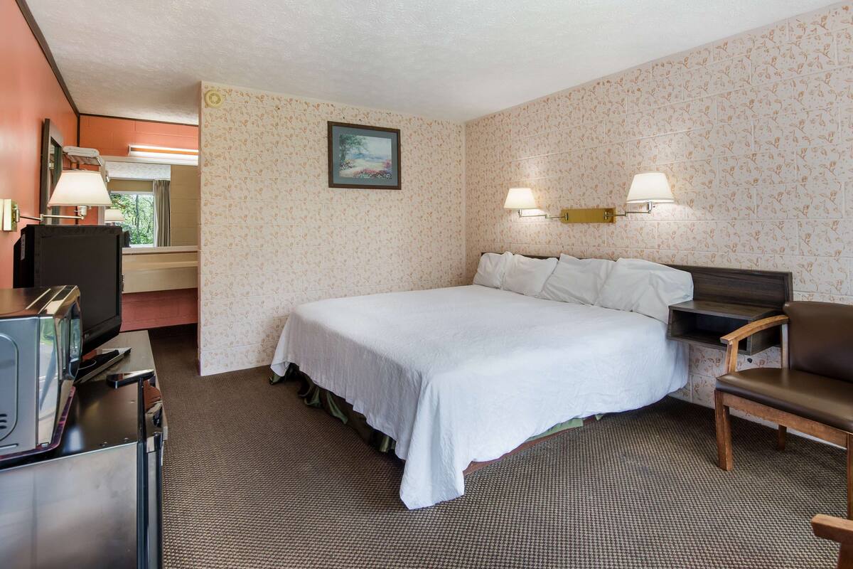 Een hotelkamer met een bed, twee bedlampen, een bureau met een televisie en een stoel.
