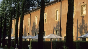 Un bâtiment avec une rangée de fenêtres et une rangée de parasols blancs.