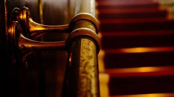 A close-up of a brass door handle and a wooden door.