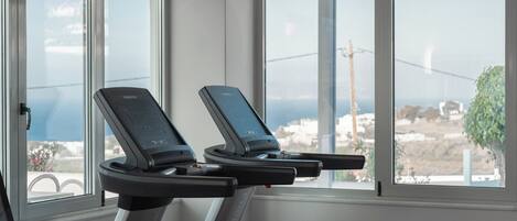 A gym with treadmills and exercise bikes, large windows with a view of the sea, and a ceiling light.