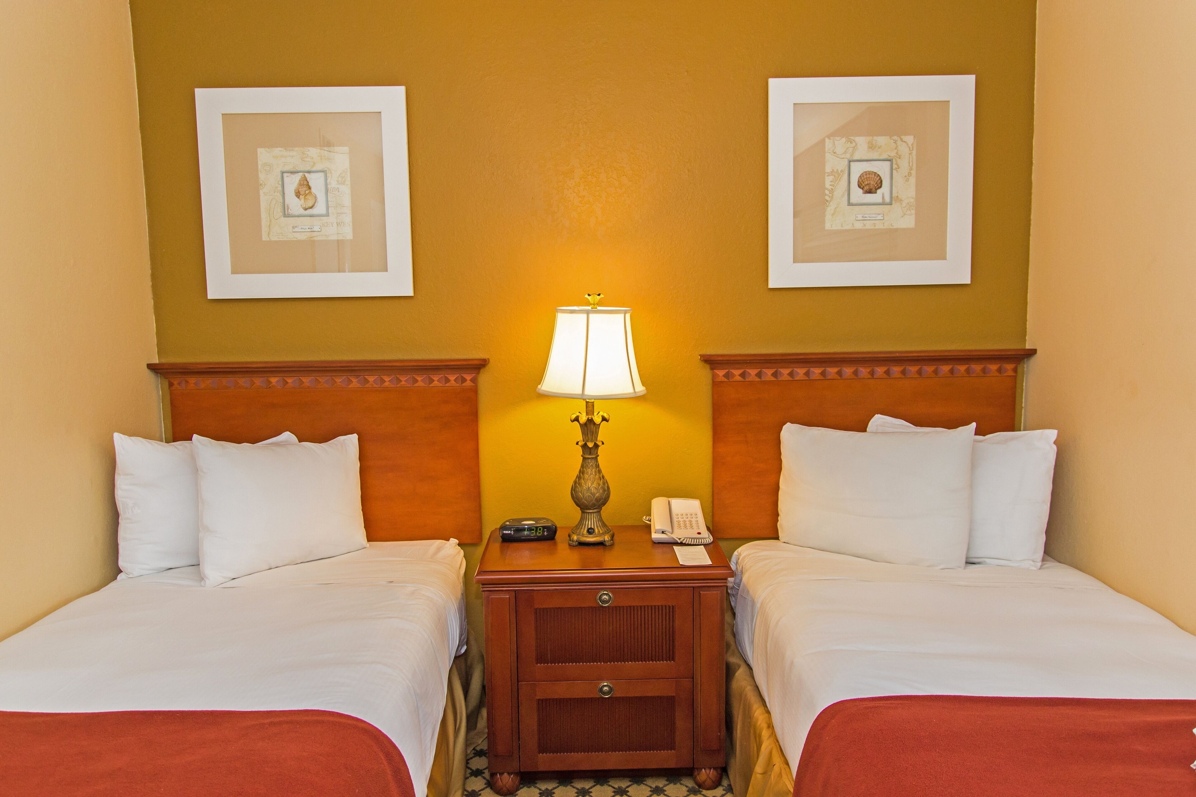 A hotel room with two beds, a nightstand with a lamp, a telephone, and framed pictures on the wall.