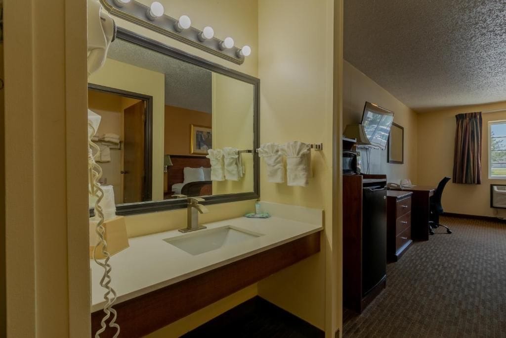 A hotel bathroom with a sink, mirror, and vanity.