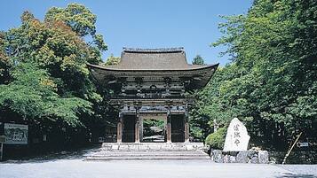 A traditional Japanese gate with a tiled roof, surrounded by lush greenery.
