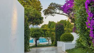 Un vialetto conduce a una zona piscina con un muro bianco e un cartello con la scritta 'Pozzello'.