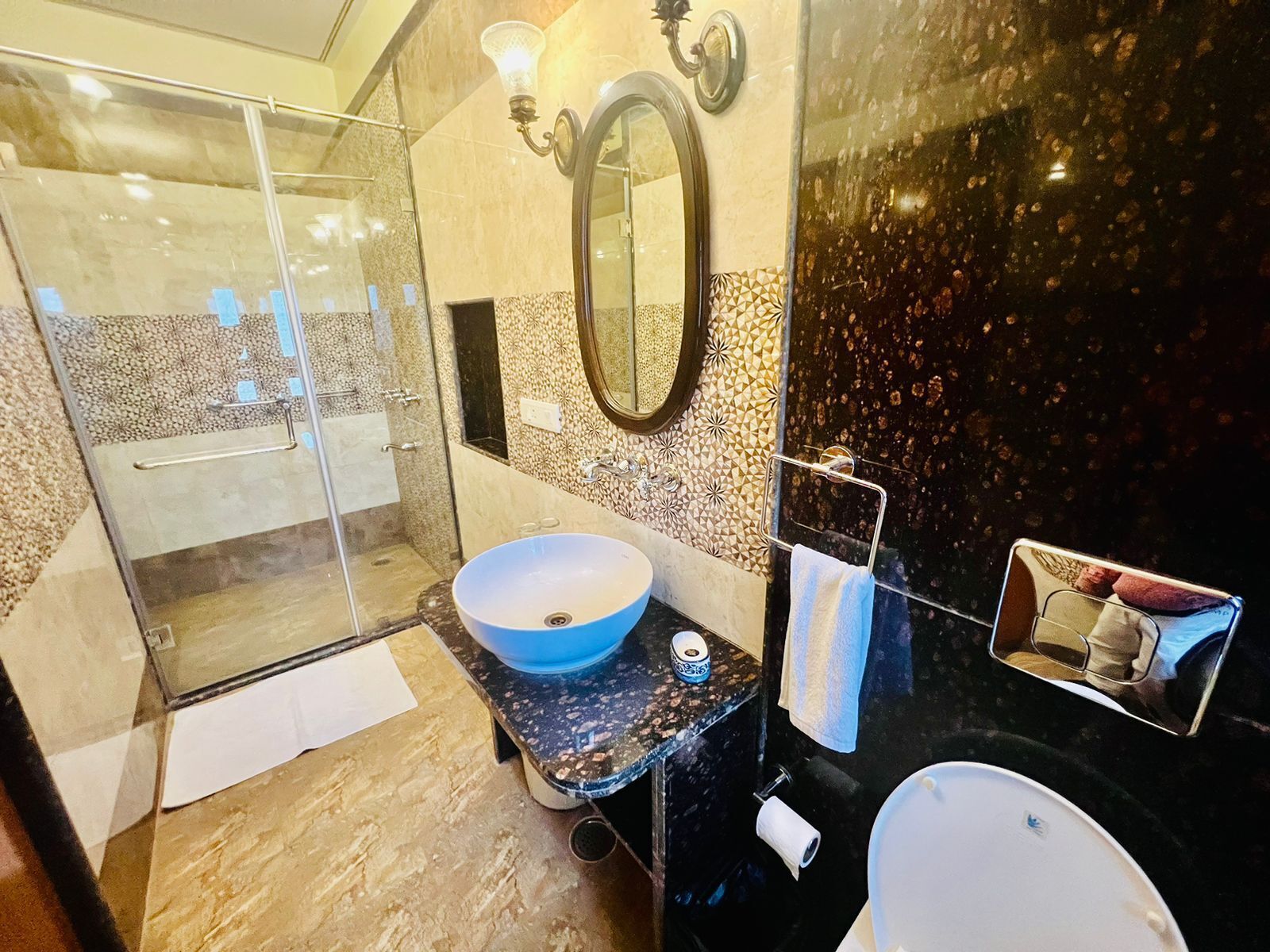 shower, free toiletries, hair dryer, towels