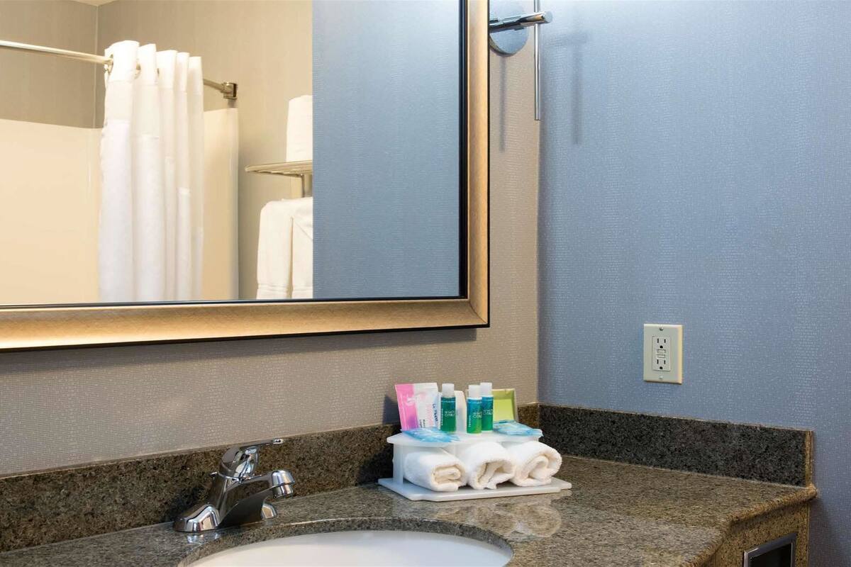 combined shower/bathtub, free toiletries, hair dryer, towels