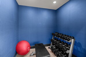 A gym with blue walls, a red exercise ball, and a rack of dumbbells. - Hampton Inn & Suites Mountain View (Mountain View)