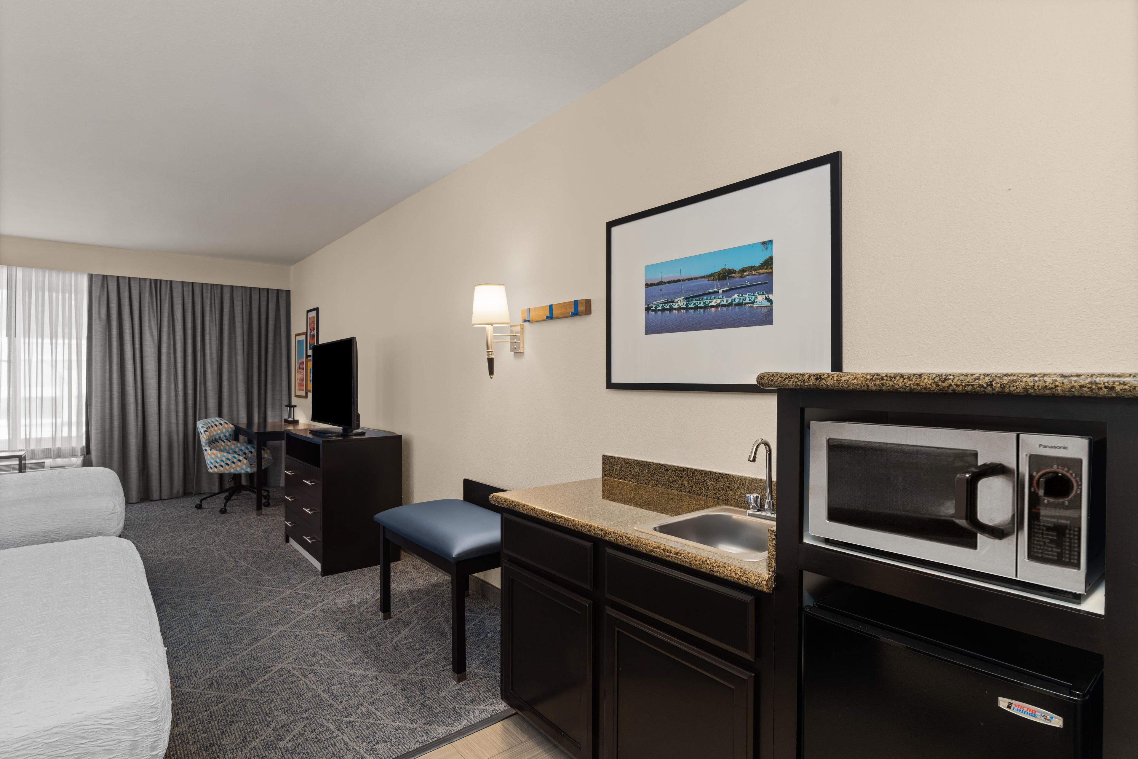 A hotel room with a bed, a desk, a chair, a television, a microwave, a sink, and a framed picture on the wall.