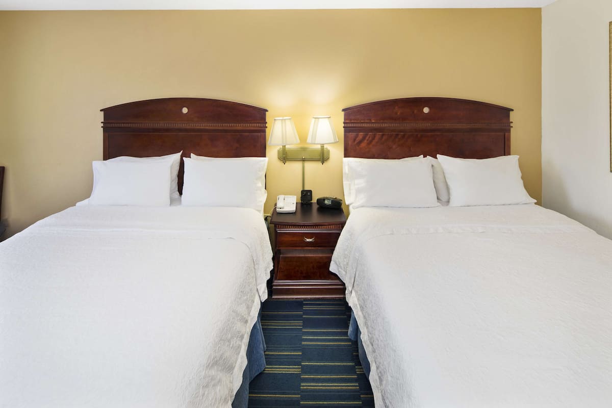 Habitación de hotel con dos camas, una mesita de noche con lámpara y suelo alfombrado.