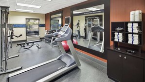 Ein Fitnessstudio mit Laufbändern, Kraftgeräten und Übungsbällen.