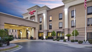 Ein Hampton Inn Hotel mit freiem Zugang, einer Flagge und gepflegter Bepflanzung.