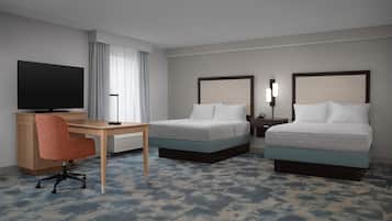 A hotel room with two beds, a desk, a chair, a television, and a window with curtains.