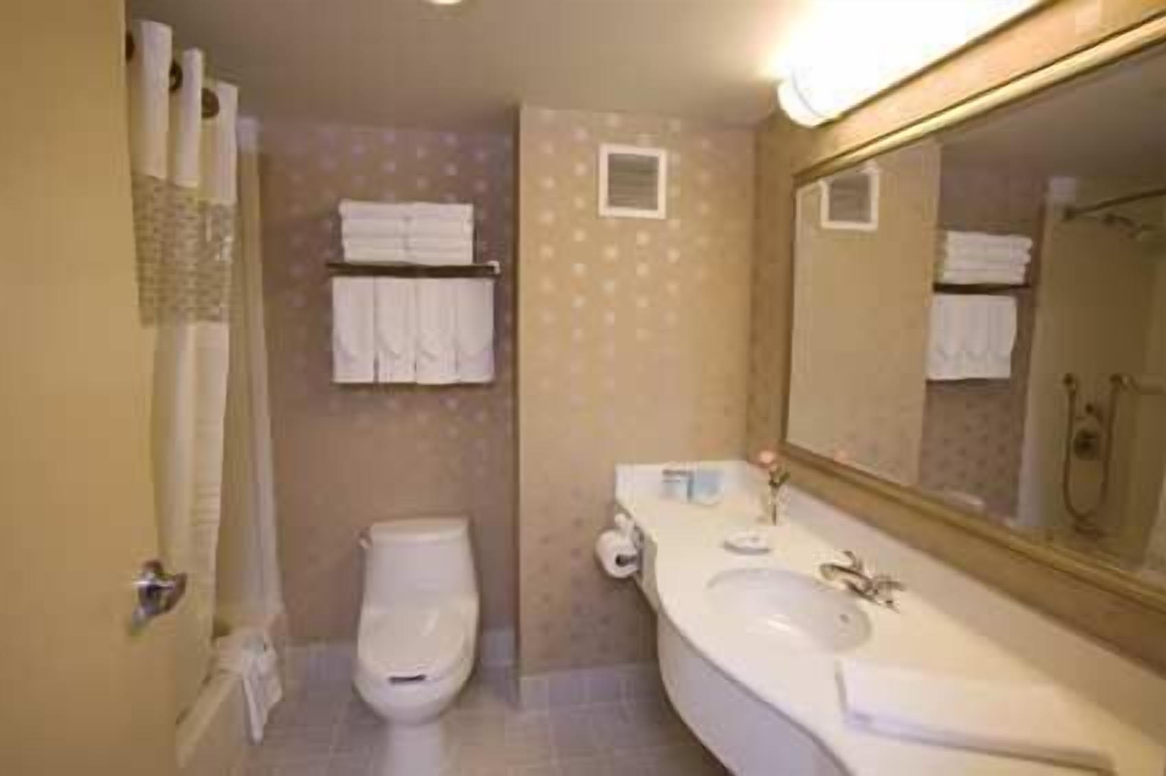 Un baño con inodoro, lavamanos y espejo. Hay toallas colgadas en la pared.