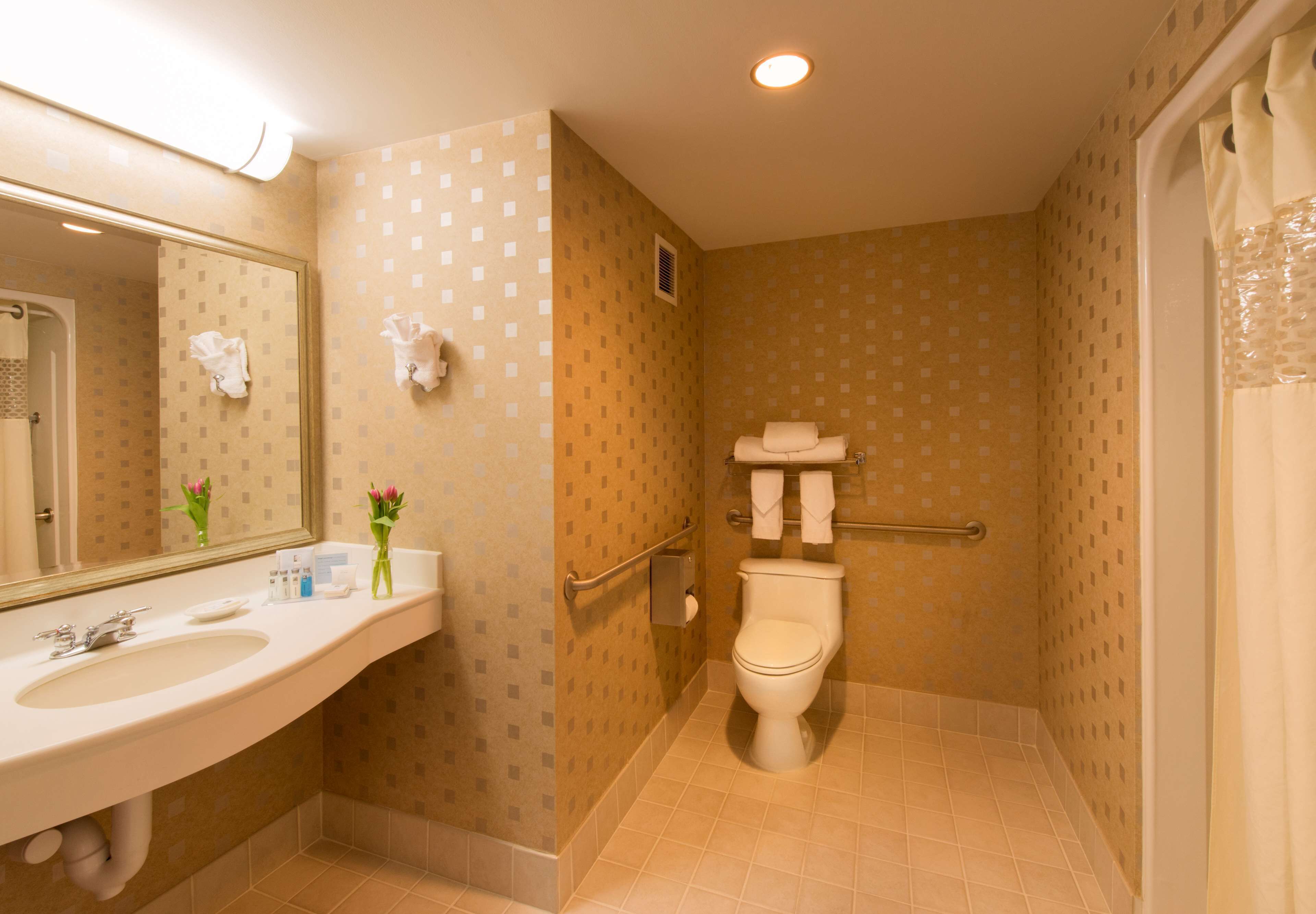 A bathroom with a sink, toilet, and shower.