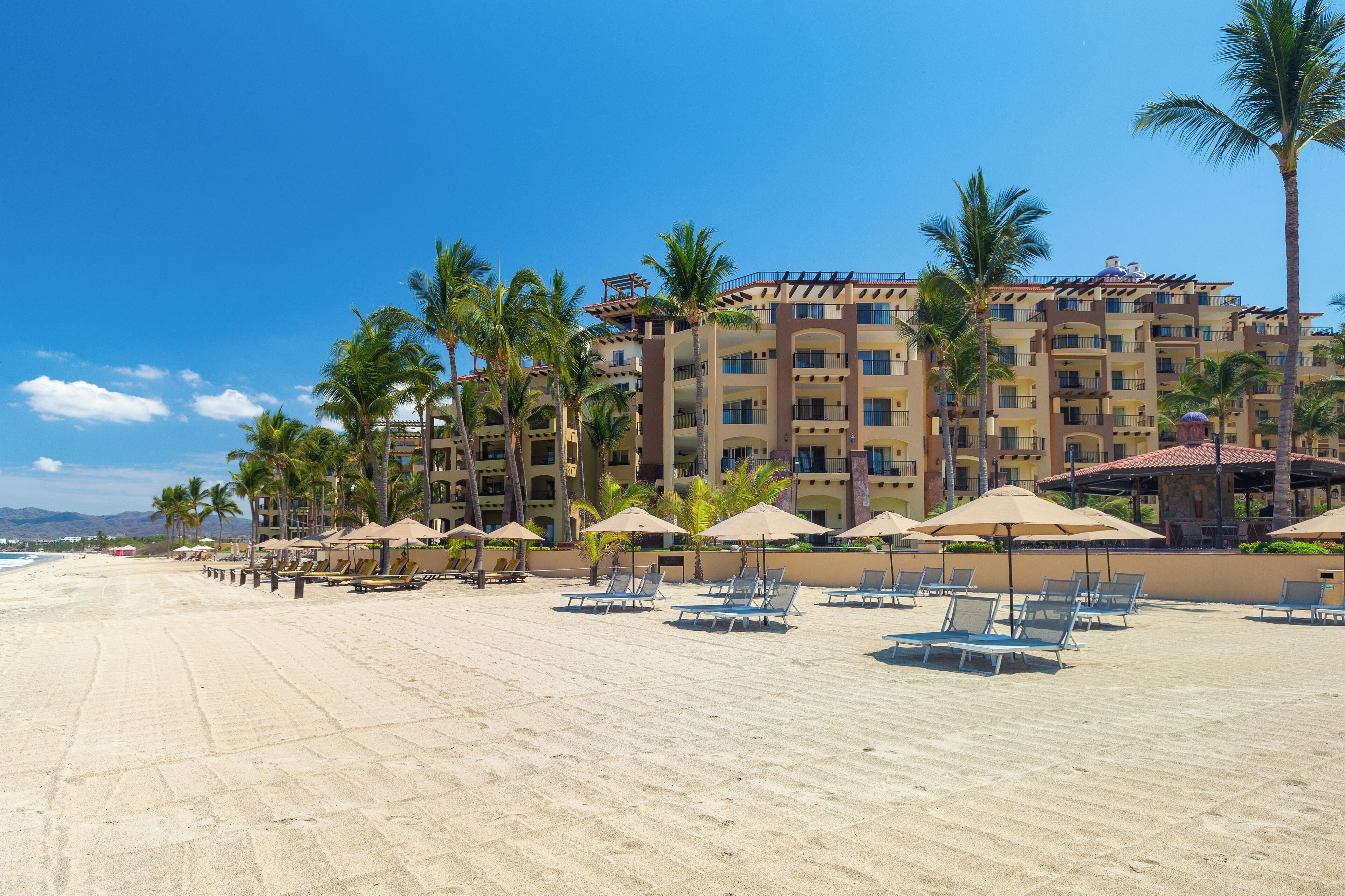 A beachside hotel with multiple floors, palm trees, and sun loungers.