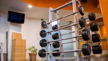 Un gimnasio con un rack de levantamiento de pesas, un televisor y una planta en maceta.