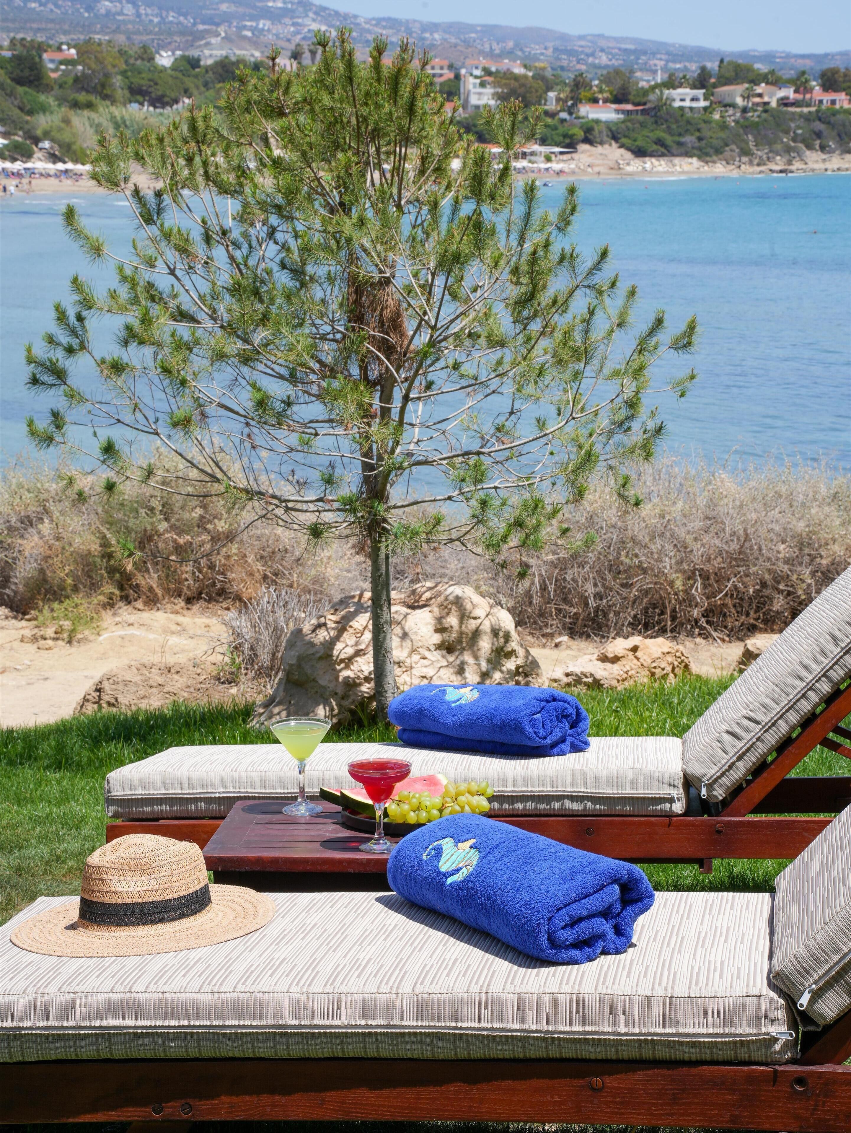 A beachside lounge with a view of the sea, a tree, and a table with a drink and snacks.