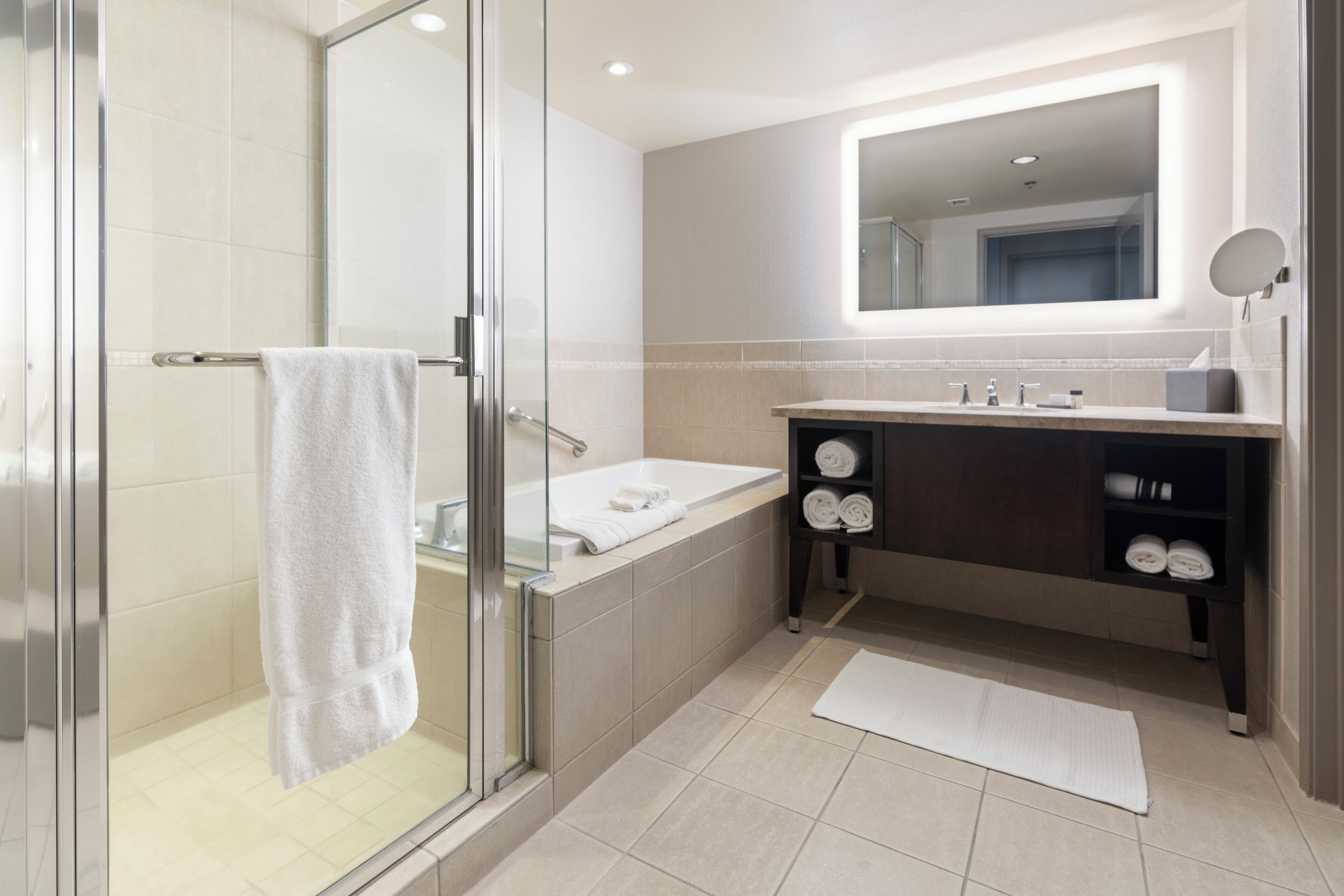 Une salle de bain moderne avec une douche à parois de verre, un grand miroir au-dessus du lavabo et des serviettes soigneusement pliées sur le comptoir.